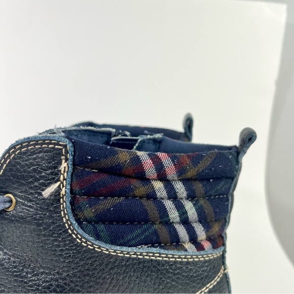 Clark's Whistle Bea Navy Blue Leather Plaid Fabric Ankle Winter Booties Boots 11 - Picture 3 of 8